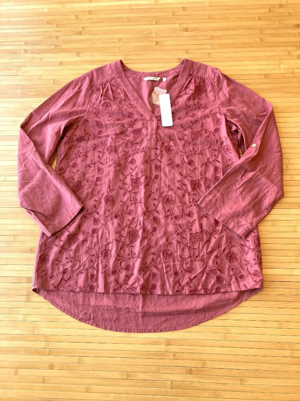 Soft Surroundings Linen Blend Embroidered Floral Tunic Top Womens XL Rose NWT